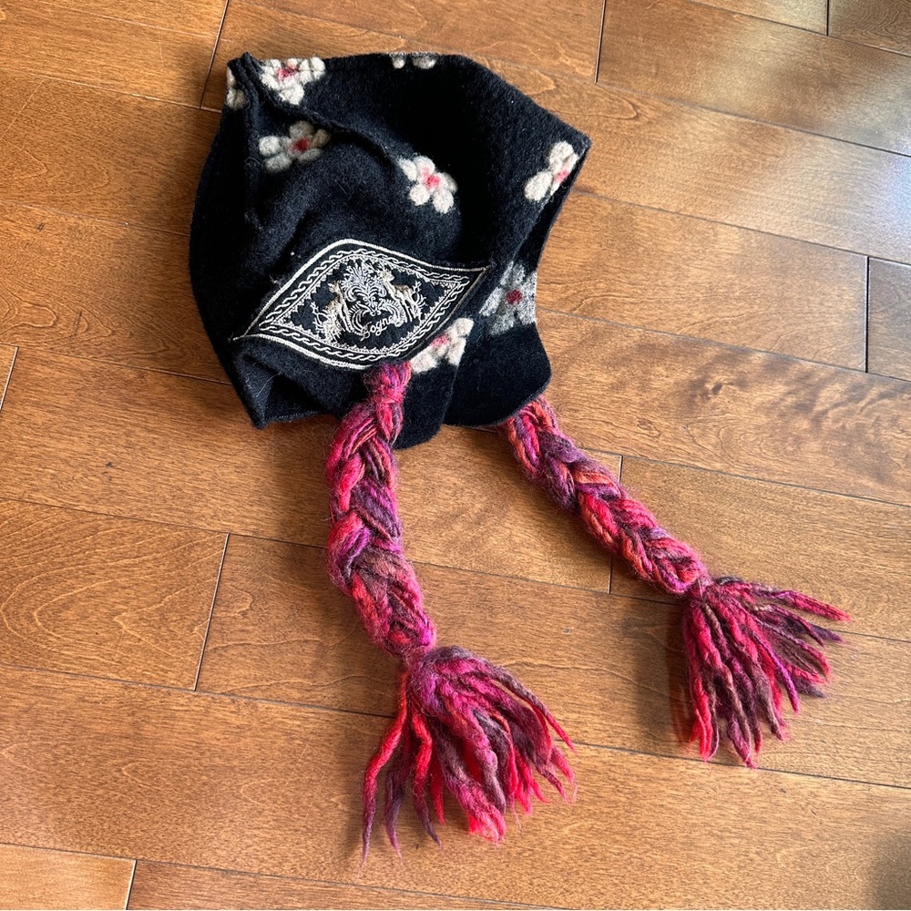 Bogner Black Floral Winter Wool Hat with Pink Braided Tassels